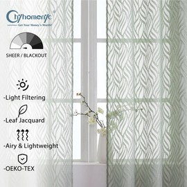 Chyhomenyc Marilyn Sage Green Sheer Curtains 72 Inch Length 2 Panels, Light Filtering Soft Airy 3D Leaf Clip Jacquard Textured Curtain Drapes for French Door Bedroom Window, 38Wx72L Inches