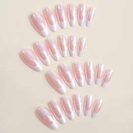 French Tip Press on Nails - Medium Almond Fake Nails - Chrome Design Full Cover Stick on False Nails - for Women 24 Pcs