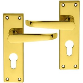 IRONZONE Victorian Straight Lever on Euro Profile Backplate - Polished Brass Contemporary Design for Internal Wooden or Oak Doors