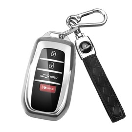 MILD EAST Key fob Cover for Toyota with Keychain, Soft TPU Key Shell Case for 2025 Camry, 2021-2025 Venza Sienna, 2019-2025 Land Cruiser, 2023-2025 Highlander Tundra Corolla Prius, 4 Buttons (Silver)