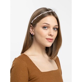 Urieo Pearl Thin Hairbands Champagne Rhinestones Headbands Beaded Headband Party Wedding Hair Accessories for Women