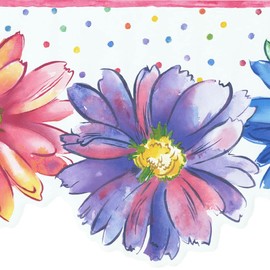 CONCORD WALLCOVERINGS ™ Wallpaper Border Floral Pattern Big Flowers Petals, Die Cut Edge for Kid's Room Daycare Girl's Room, White Pink Blue Purple, 15 Feet by 10 Inches WK9082B