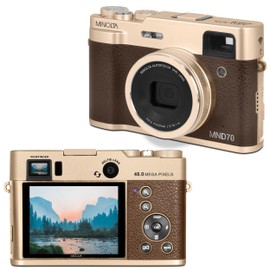 Minolta Retro Digital Camera – 48MP Autofocus Compact with 5K Ultra HD Video, Rear Selfie Lens, 16x Zoom, WiFi, 2.8-inch LCD Screen, Digital Stabilization, Optical Viewfinder, 32GB Card (Gold)