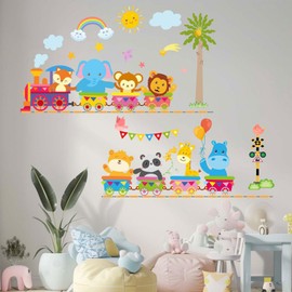AnFigure Animal Train Wall Stickers Giraffe Elephant Lion Monkey Wall Decals Baby Nursery Kids Room Daycare Girls Bedroom Wall Decor
