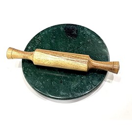 Indian Natural Green Marble Chakla with Wooden Belan/Rolling Pin Board/Roti Maker/Chakla Belan/Chapati Maker for Kitchen | Full Finished Wooden Roti Maker - 8.5Inch