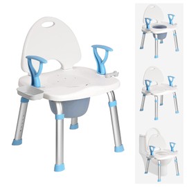 FlyingJoy 3-in-1 Shower Chair up to 450LBS with Removable Commode, Shower Beach Seat Raised Toilet Seat with Arms Backrest, Bathroom Chair for elderly Shower Safety Seat with Soap Dish and Shower Clip