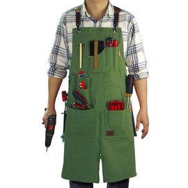 Stenffy Woodworking Apron, Tool Apron, Canvas, Multiple Pockets, Adjustable Zipper, Metal Ring, Tape Measure Clip, Plus Size, Olive