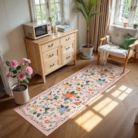 Lahome Pink 2x6 Runner Rug for Hallway Non Slip,Washable Boho Floral Kitchen Runner 6ft,Rubber Backed Carpet Runner for Hall Entryway Laundry Nursery Bedroom Sliding Door