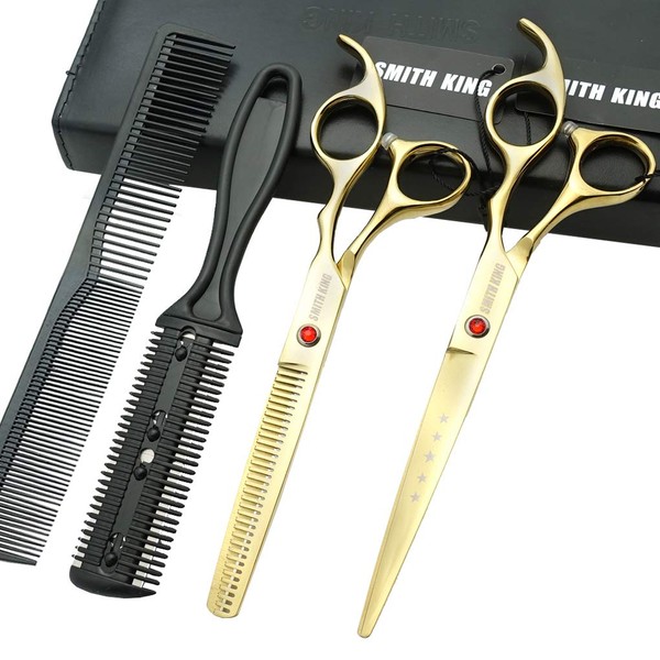 7.0 Inches Hair Cutting Scissors Set with Combs Lether Scissors Case,Hair cutting shears Hair Thinning shears For Personal and Professional (Gold)
