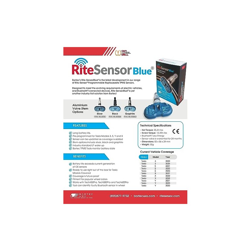 RITE-Sensor Blue - TPMS Sensor for Bluetooth TPMS w/Aluminum clamp-in