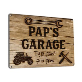 Pap’s Garage Toys Fixed for Free, 11.5 x 15.5 Inch Aluminum Sign, Vintage Workshop and Garage Signs Wall Decor, Gifts for Papa, Dad, Pop, Woodworking, Woodturning, Cabinet Maker, Mechanic