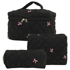 Everfunny 3 Pcs Cotton Quilted Makeup Bag Set, Floral Cotton Cosmetic Bag, Aesthetic Toiletry Travel Organizer Bag for Women (Black Bow)