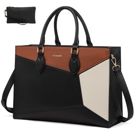 LOVEVOOK Laptop Bag for Women,17 lnch Waterproof Lightweight Leather Tote Bag,Professional Business Office Work Bags with Clutch Purse,Large Capacity Computer Shoulder Handbag,Black-White-Brown