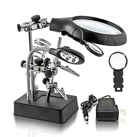 Desktop LED Lighted Magnifying Glass Soldering Station, mlogiroa Adjustable Helping Hands Magnifier 2.5X 7.5X 10X Magnifying Glass Magnifier Station with LED Light and Alligator Clips for Soldering