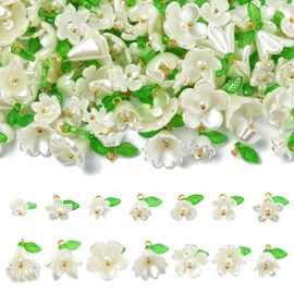 Stiesy 140Pcs Mixed White Flower Charms with Green Leaf Trumpet Flower Floral Charm Lily of The Valley Cherry Blossom Jewelry Dangle for Jewellery Making Crafts Bracelets Necklaces Earrings DIY