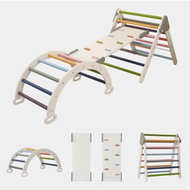 VANG CHAI Pikler Triangle Set 5 in 1, Montessori Climbing Set for Toddlers Indoor, Foldable Climbing Gym Toys for Kids, 1-3 Inside with Ramp, Arch and Ladder(Rainbow)