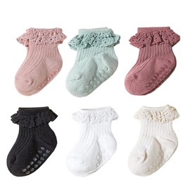 Meeshine Baby Toddler Girls Anti Slip Ruffle Socks with Grips Newborn Infant Cotton Non Skid Frilly Dress Socks 6 Packs, 1-2T