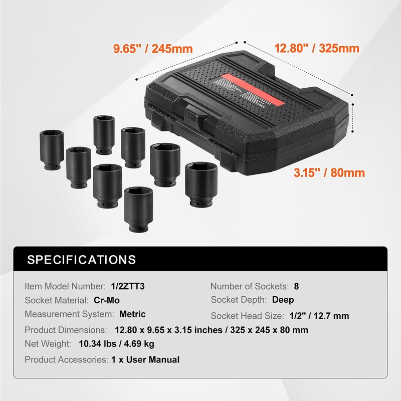 Happybuy Axle Nut Impact Socket Set,1/2" Drive Deep 12-Point 8-Piece