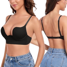 Lemorosy Plunge U Backless Push Up Bra Multiway Convertible Low Cut Lifting Support Underwire Bras for Women (36C,Black)