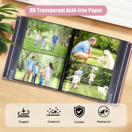 Photo Album 4x6 with 200 Pockets, Slip-in Picture Albums, Linen Cover Memory Book with Front Window, Black Page Vertical Photo Book for Wedding, Family, Anniversary, Baby, Vacation(Pink)