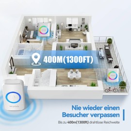 VOXON Wireless Bell, 400 m Range Wireless Doorbell Set with 2 Plug-in Receivers and 1 Transmitter, IP65 Waterproof Bell Front Door for Outdoor Use, 60 Melodies Doorbell, RGB Light (White)