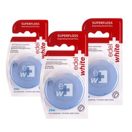 edel+white - Filo interdentale espandibile Superfloss, 25 m, con rivestimento in cera e sapore di menta, confezione da 3