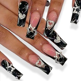 24 Pack Press On Nails Long Rhinestone Black French Fake Tip Nails With Bling Glitter Star Heart Glue On Acrylic Nail Kit Full Cover For Women Artificial Stick On Nails Finger Manicure