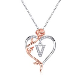 Yesteel Rose Heart Initial Necklaces for Women Teen Girls, Dainty Love Letter Pendant Initial V Necklace Jewelry