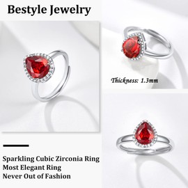 Bestyle 925 Sterling Silver Love Teardrop Cut Gemstone Shiny Cubic Zirconia Rings, Brilliant Created July Ruby CZ Birthstone Rings for Women, Promise/Statement Ring Great Jewelry Gift