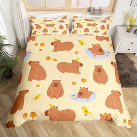 Homewish Capybaras Duvet Cover 135 x 200 cm Cute Brown Capybaras Comforter Cover for Toddlers Teens Youth, Cartoon Bird Capybara Orange Bedding Set with 1 Pillowcase, Yellow Brown