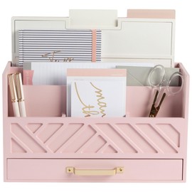 BLU MONACO Pink Wooden Desk Organizer with Storage Drawer and Gold Handle - Desk Organization and Cute Office Supplies Desk Organizer - Mail Organizer for Desktop at Home, Office or Workspace