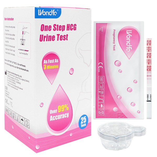 Wondfo Pregnancy Test Pack of 25 Sensitivity of 10 miu ml Test Strips with 10 Free Urine Cups Reliable Early Detection Quick and Easy