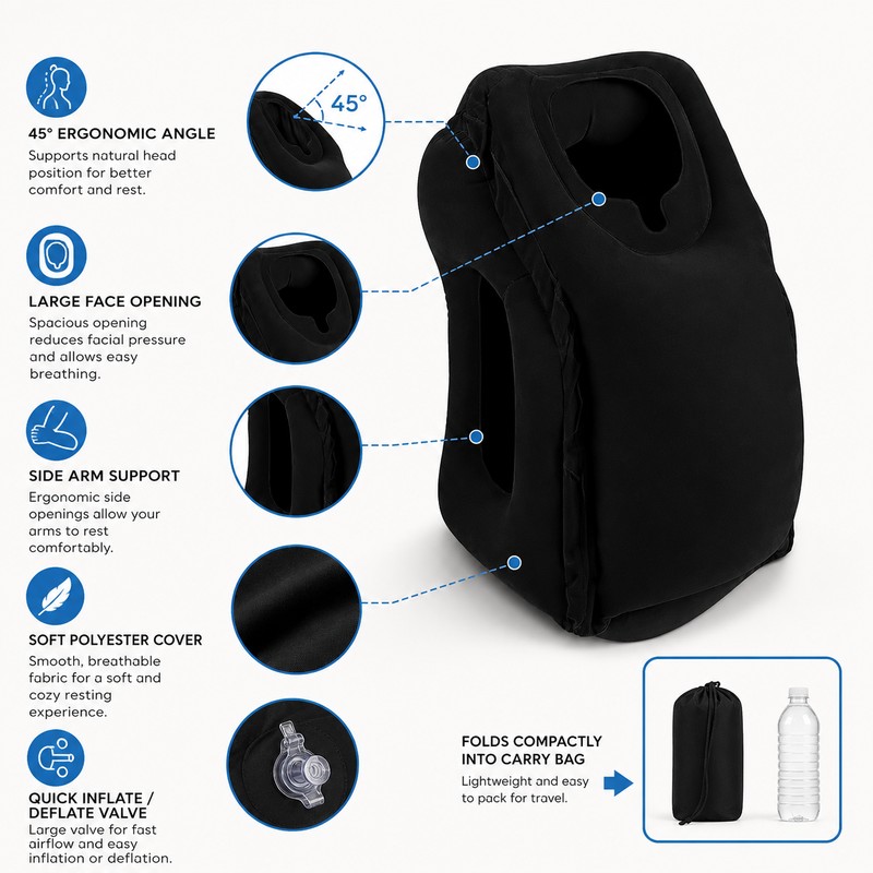 Inflatable Travel Pillow for Neck Support – 45° Headrest Cushion