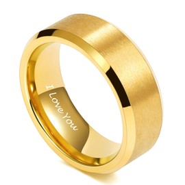 TRUMIUM 8MM Mens Gold Wedding Bands Tungsten Ring Engraved I Love You Beveled Edge Brushed Matte Comfort Fit Size 12