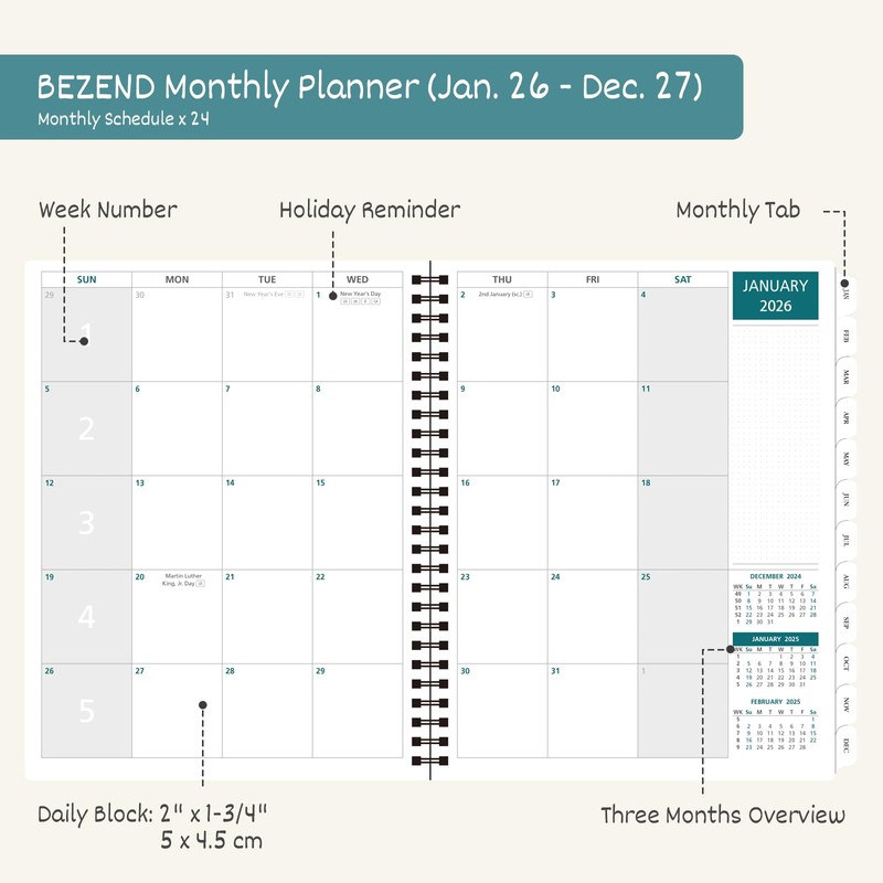 BEZEND Monthly Planner 2026-2027 (Spiral-8.5" x 11") 2 Year Calendar