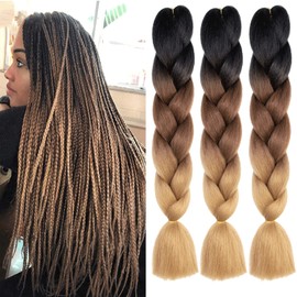 Xtrend 3Packs 3 Tone Jumbo Braiding Hair 24 Inch Synthetic Afro Braiding Hair Extensions for Box Braids and Twist Crochet Braid Hair (3Packs, Black/Dark Brown/Light Brown#)