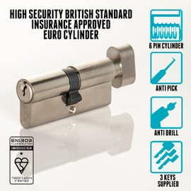 Satin Chrome Thumb Turn Euro Cylinder Lock, Door Barrel Lock Supplied with 3 Keys. Anti-Drill & Anti-Pick Protection. Suitable for All Door Types, 50mm Internal x 50mm External (100mm Total)