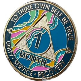 1 Month AA Medallion Elegant Marble Tahiti Teal Blue Pink and Aqua Glitter Gold Plated 30 Day Sobriety Chip