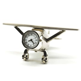 ZAHEPA Aeroplane Table Clock with Rotating Wheels, Metal Airplane Design Paper Weight, Mini Aircraft Gadgets - silver