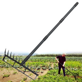 Stirrup Hoe with 76.8" Adjustable Long Handle Weed Puller Heavy Duty Garden Hoe with 12 Tines Rake 2-in-1 Gardening Tool for Loosening Soil, Gathering Leaves, Weeding