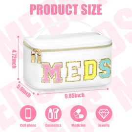 BuyCard Medicines Chenille Letter Bag Nylon Meds Makeup Pouch Preppy Path with Zipper and Handle Cosmetic Toiletry Storage Purse for Women White