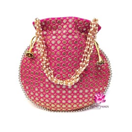 Potli Bag For Women Ethnic Designer Embroidery Work Batwa Pearls Handle With Intricate Bridal Drawstring Stylish Bridal Women, Hot Pink