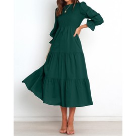 BTFBM Women Casual Long Sleeve Dress Fall Dresses 2024 Solid Color Relaxed Fit Smocked Tiered Flowy Boho Long Dresses(Solid Dark Green,Medium)