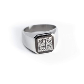 Stainless Steel Letter J Alphabet Initial Floral Box Monogram Engraved Square Flat Top Biker Style Polished Ring, Size 7