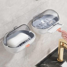 NICAVKIT 2 Pack Shower Soap Dish Holder with Lid, Bar Soap Holder with Drain, Wall Mounted Soap Box Container for Shower, Bathroom, Bathtub, Kitchen Sink, Adhesive Included