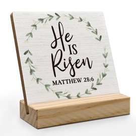 ANIANG Easter Christian Desk Decor, Christian Bible Verse Easter Wood Plaque, Christian Religious Quotes He is Risen Matthew 28:6 Wooden Plaque Sign with Wood Stand for Home Office Decor