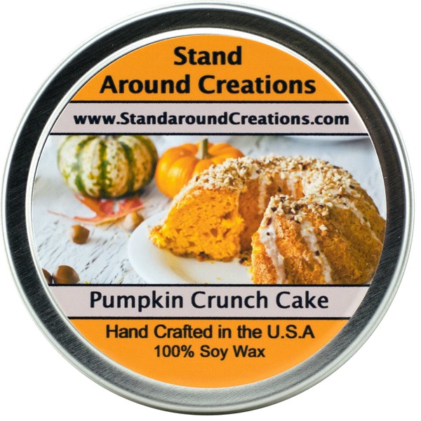 Premium 100% All Natural Soy Wax Aromatherapy Candle - 6oz Tin - Scent: Pumpkin Crunch Cake - The aroma of creamy pumpkin pie filling, surrounded with freshly baked yellow cake, melted butter, pecans, and hints of spice.