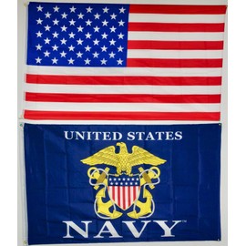 U.S Navy Logo & USA wholesale lot of 2 3x5 Flags Rough Tex Knitted Nylon Flag 3'x5' House Banner Grommets Double Stitched Premium Quality Indoor Outdoor Pole Pennant