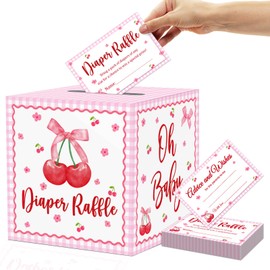 OWWOPATS 51Pcs Cherry Diaper Raffle Tickets with Box, Pink Bow Cherry Baby Shower Decorations She's the Cherry on top Diaper Raffle Box for Baby Shower Game Kit