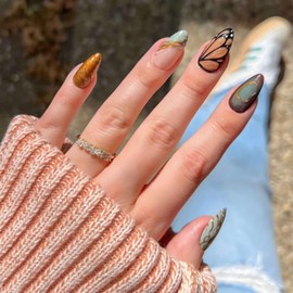 QQPPOLIU Press on Nails Almond Medium Uñas Nails with Butterfly and Striped Designs Fake Nails Glue on Nails for Women and Girls 24pcs